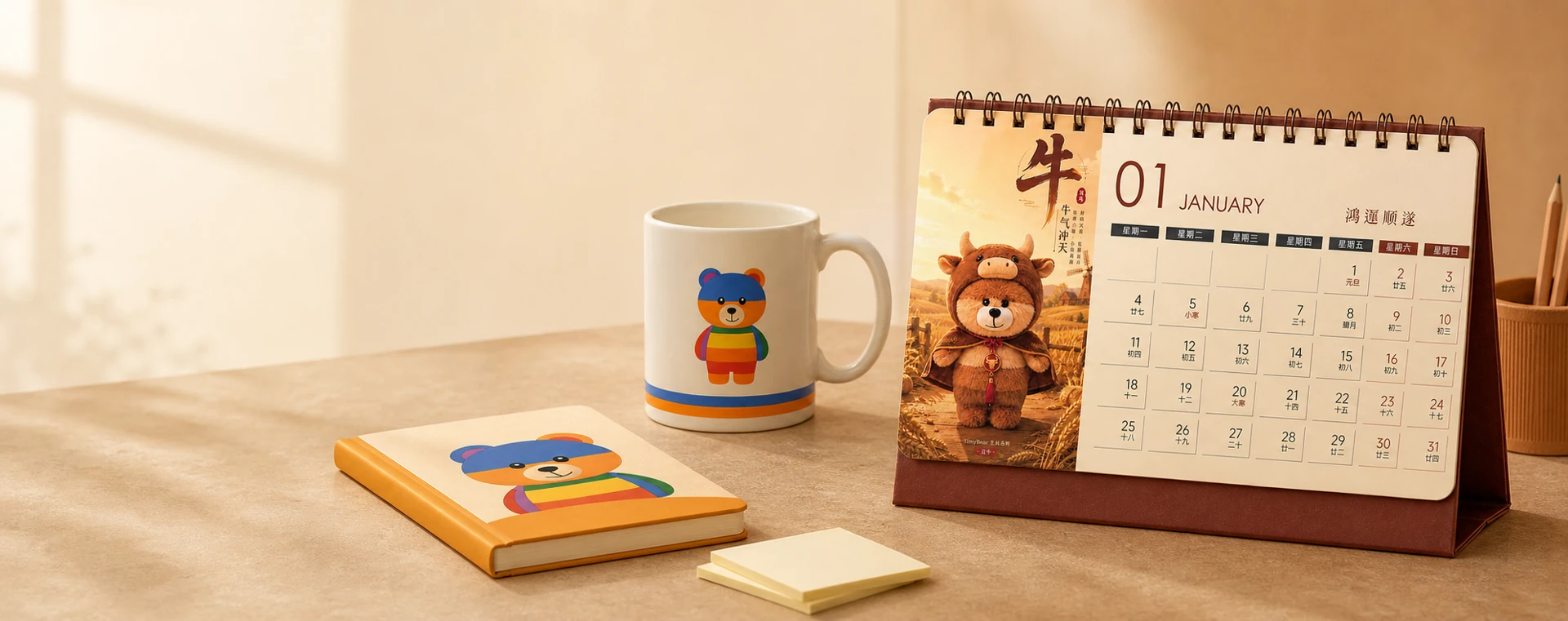 TimyBear 台历、杯子、文具与磁贴组成的生活周边展示